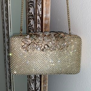 Gold rhinestone and satin evening clutch